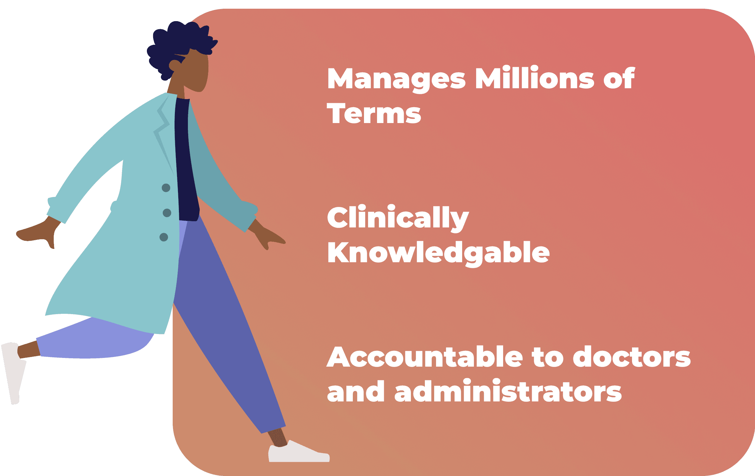 Informaticist persona showing key characteristics: Manages Millions of Terms, Clinically Knowledgable, Accountable to doctors and administrators